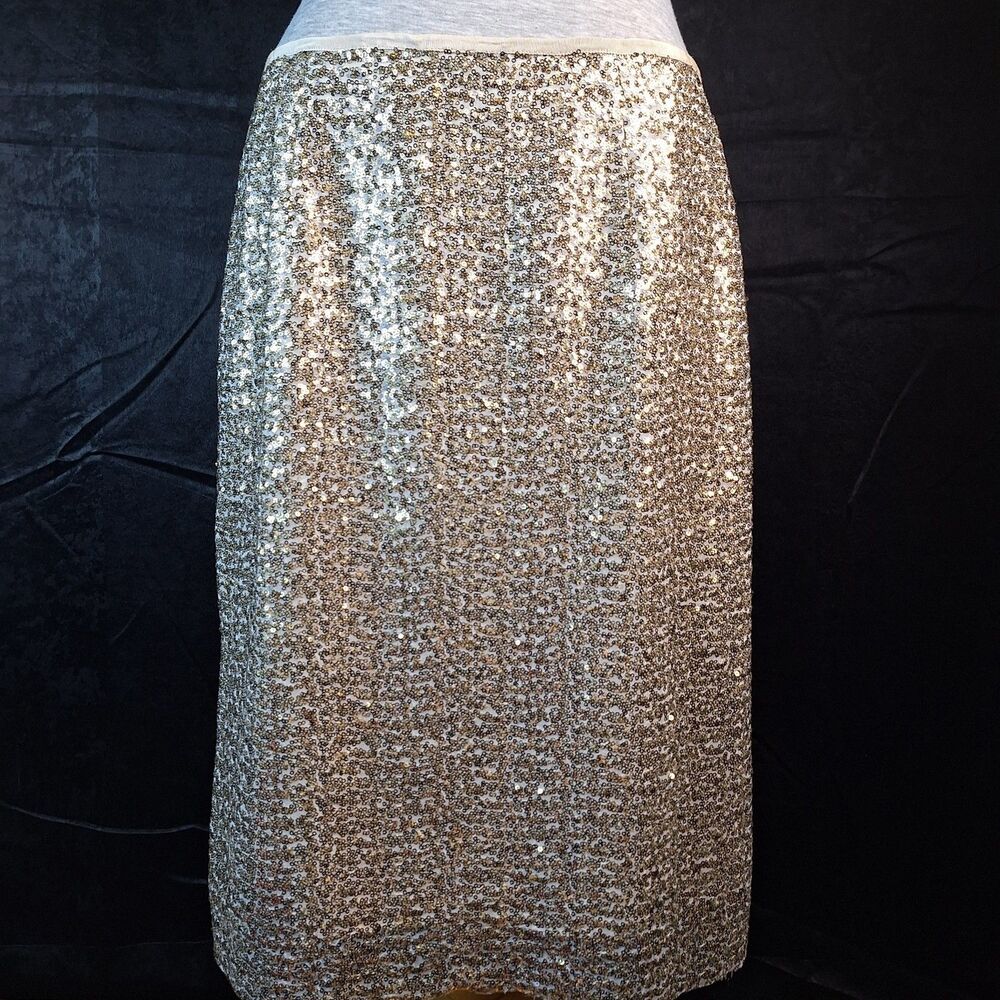 CHICOS US-Size 8 Gold Formal Sequin Skirt on Mesh Lined Maximalist Evening Skirt